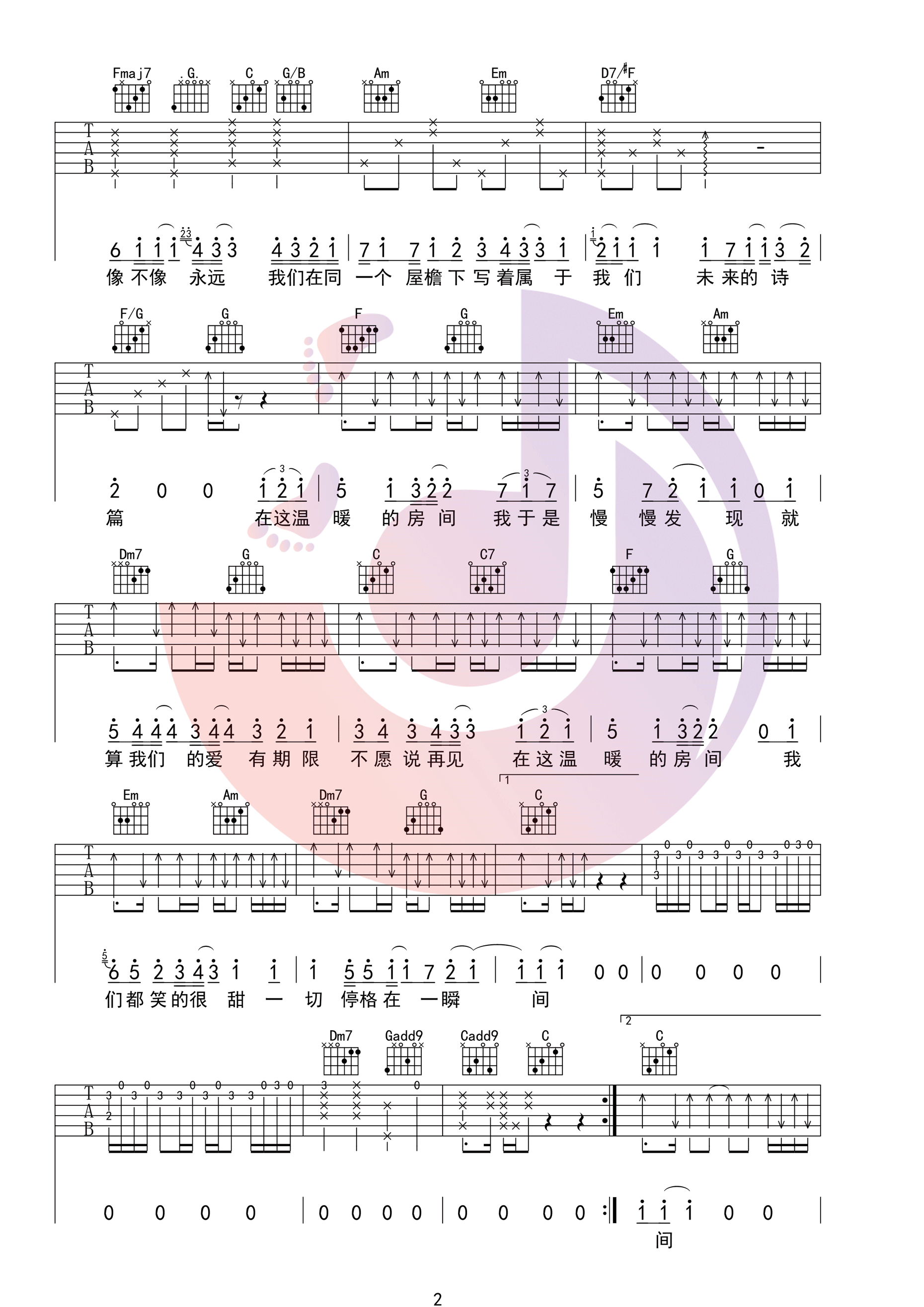 刘瑞琪“房间”吉他谱六线谱D调 电影《超时空同居》插曲