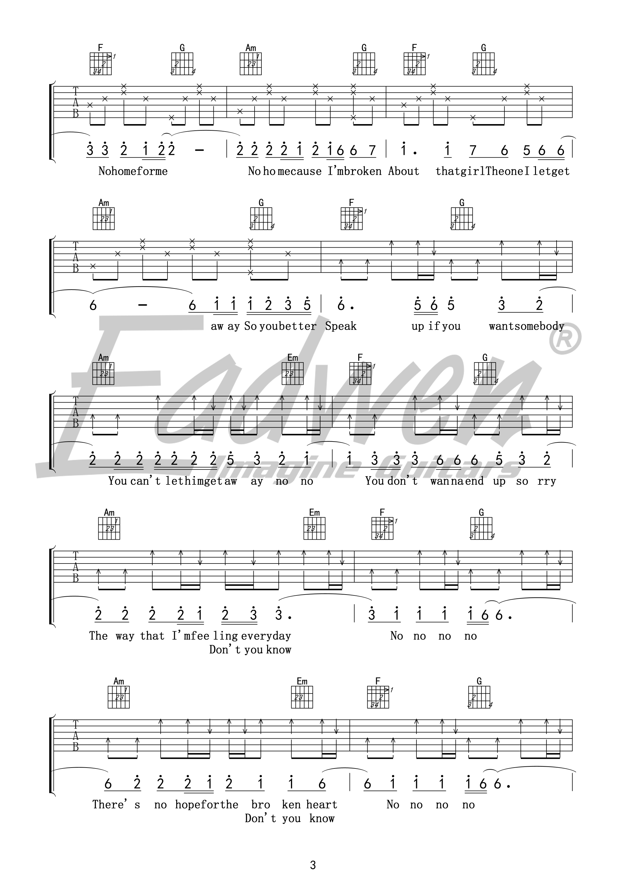 抖音热曲《That girl》吉他谱六线谱#C调 Olly Murs(奥利·莫尔斯)