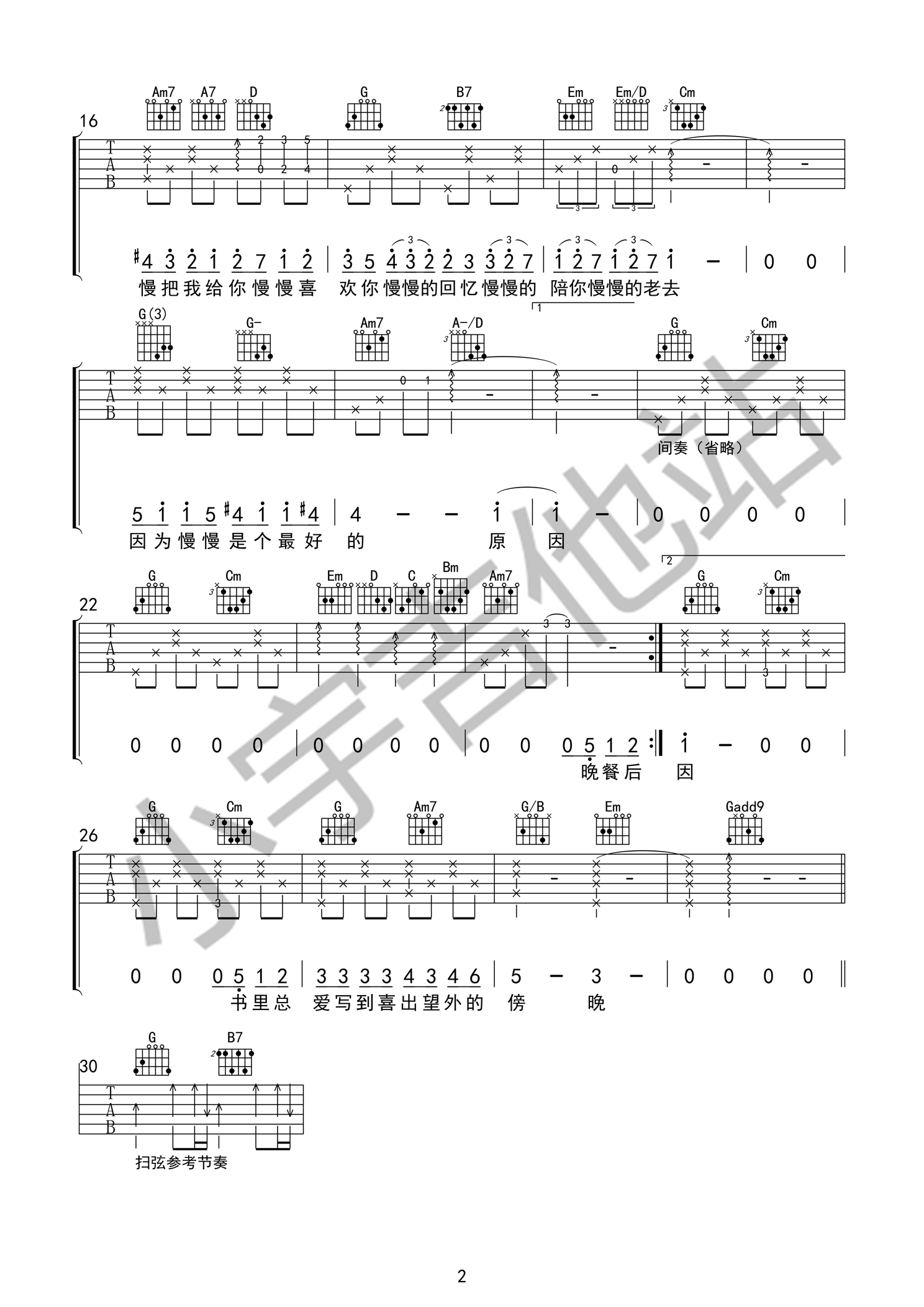 莫文蔚“慢慢喜欢你”吉他谱六线谱 G调和弦编配