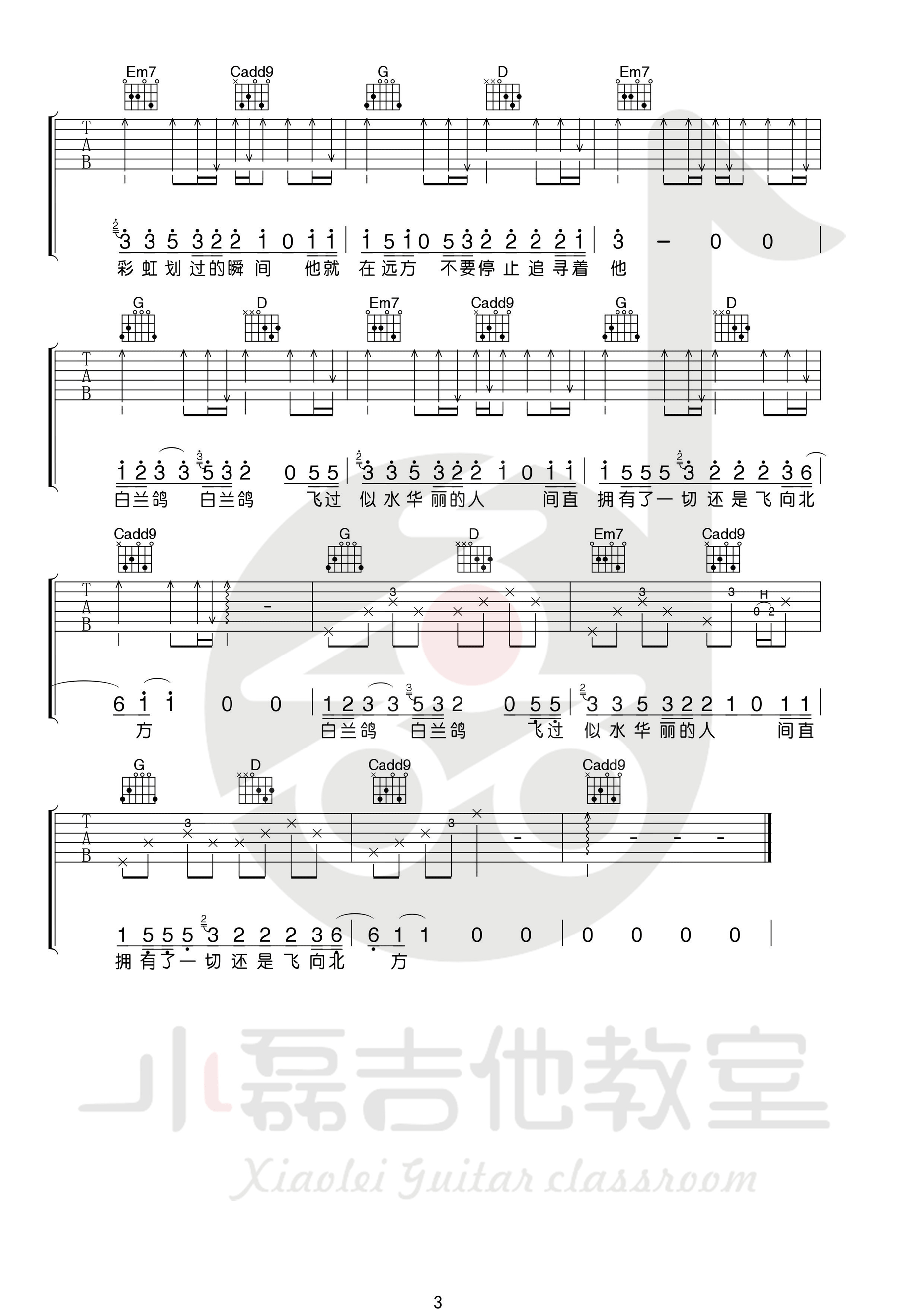 《白兰鸽巡游记》吉他谱六线谱降B调 丢火车乐队