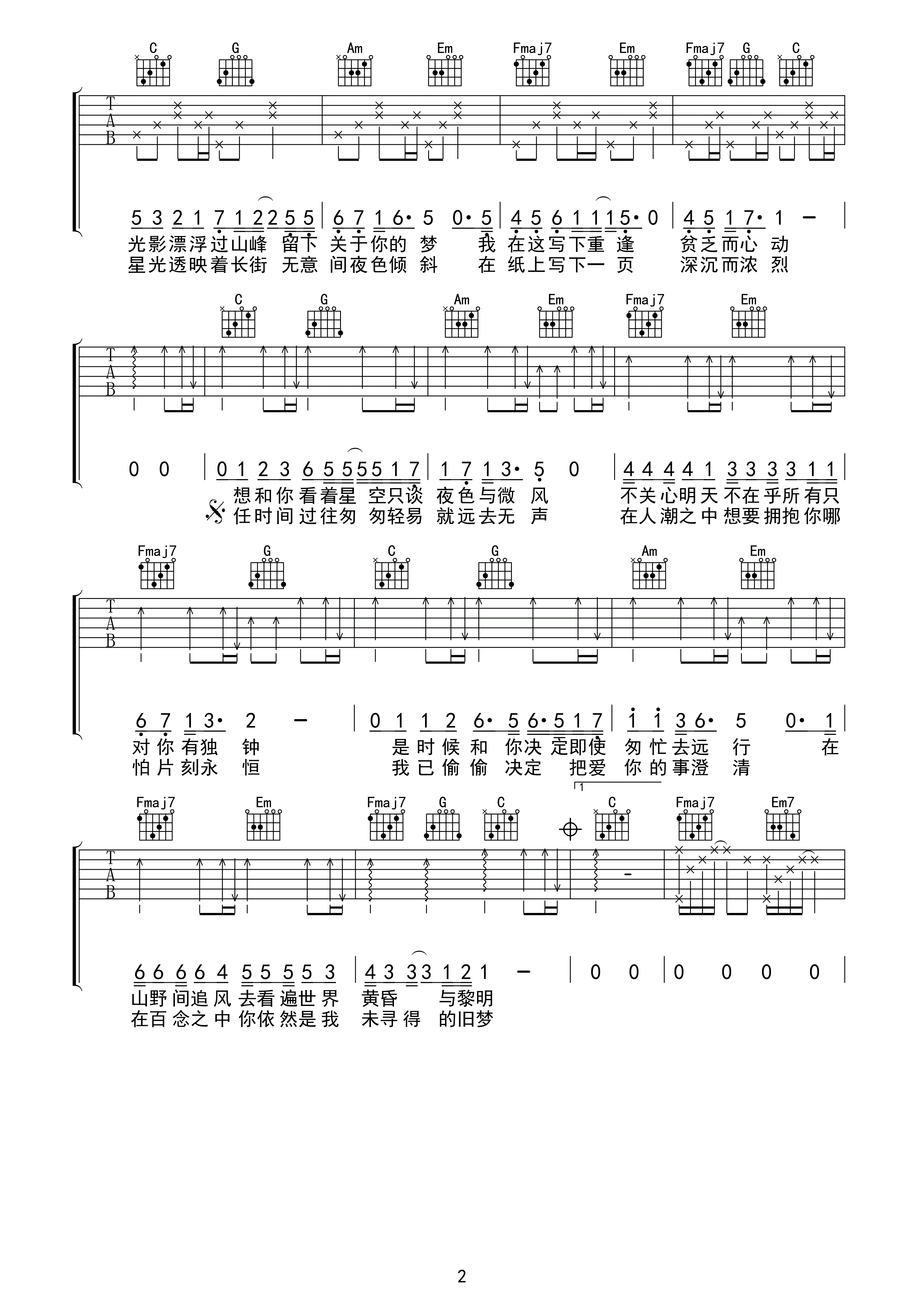 《只只》吉他谱六线谱原调F 孟凡明