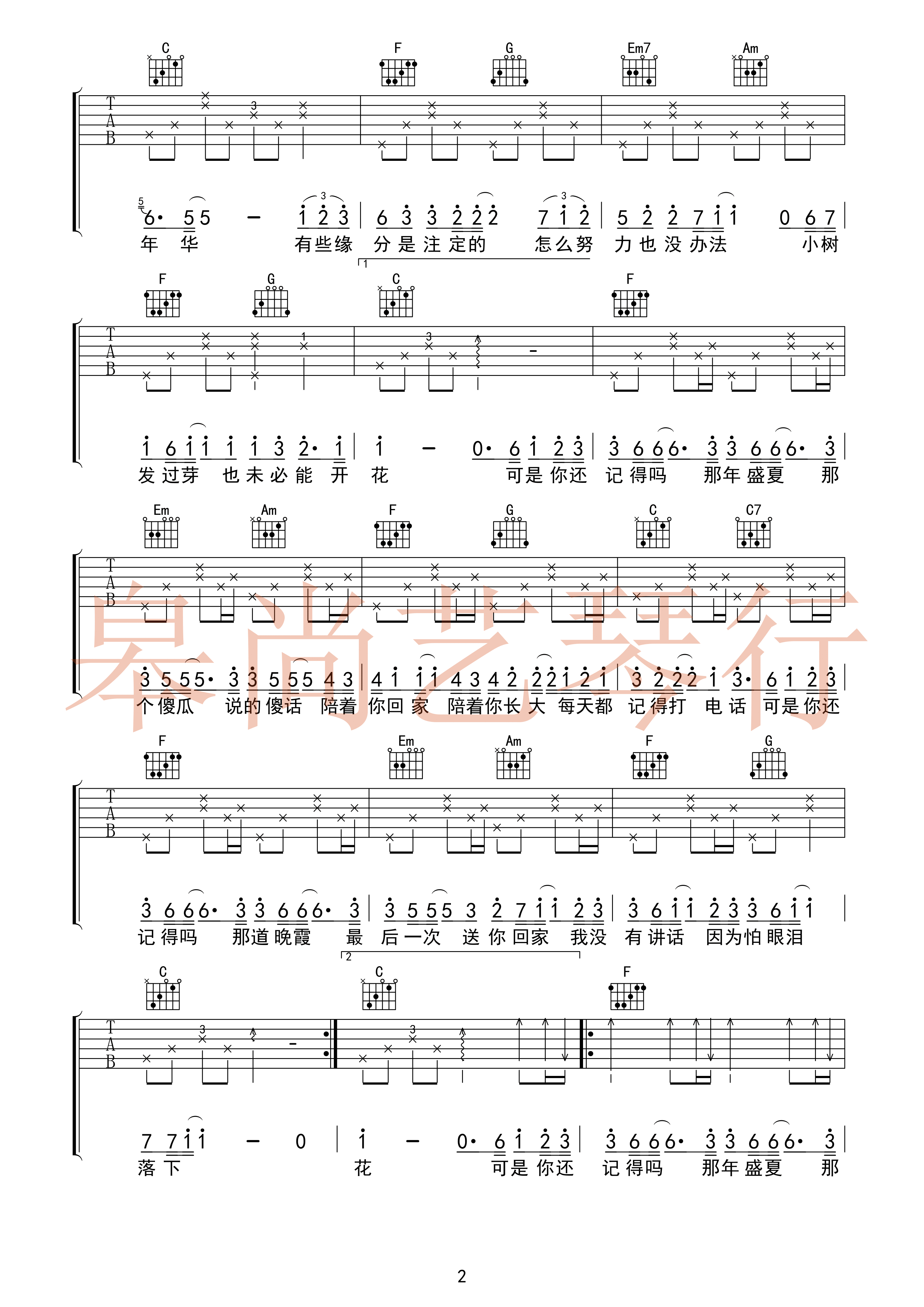 《忽而今夏》吉他谱六线谱D调 汪苏泷