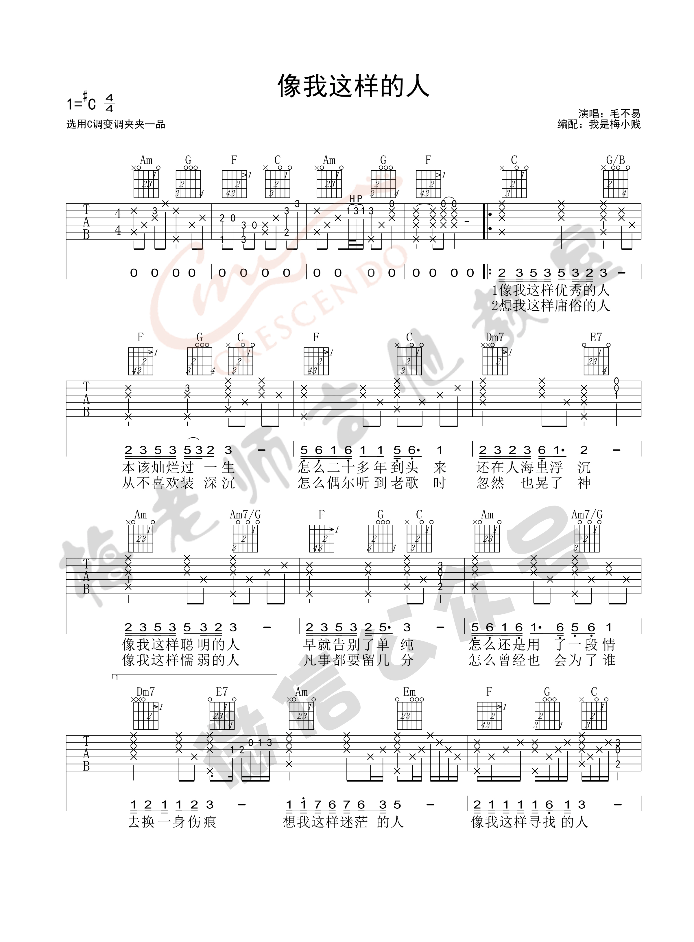 像我这样的人吉他谱#C调六线谱 毛不易