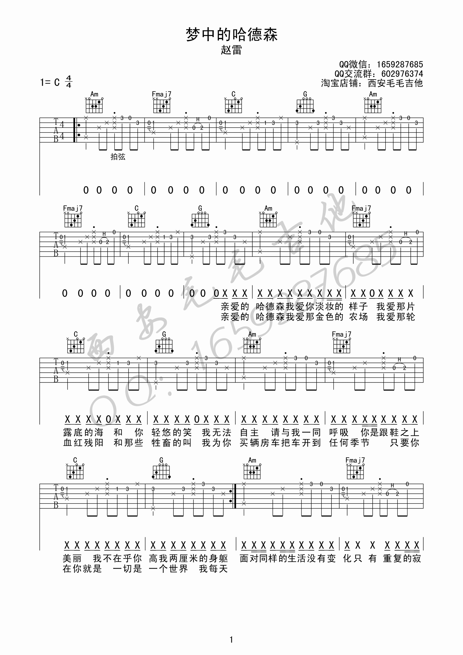 梦中的哈德森吉他谱六线谱C调 赵雷