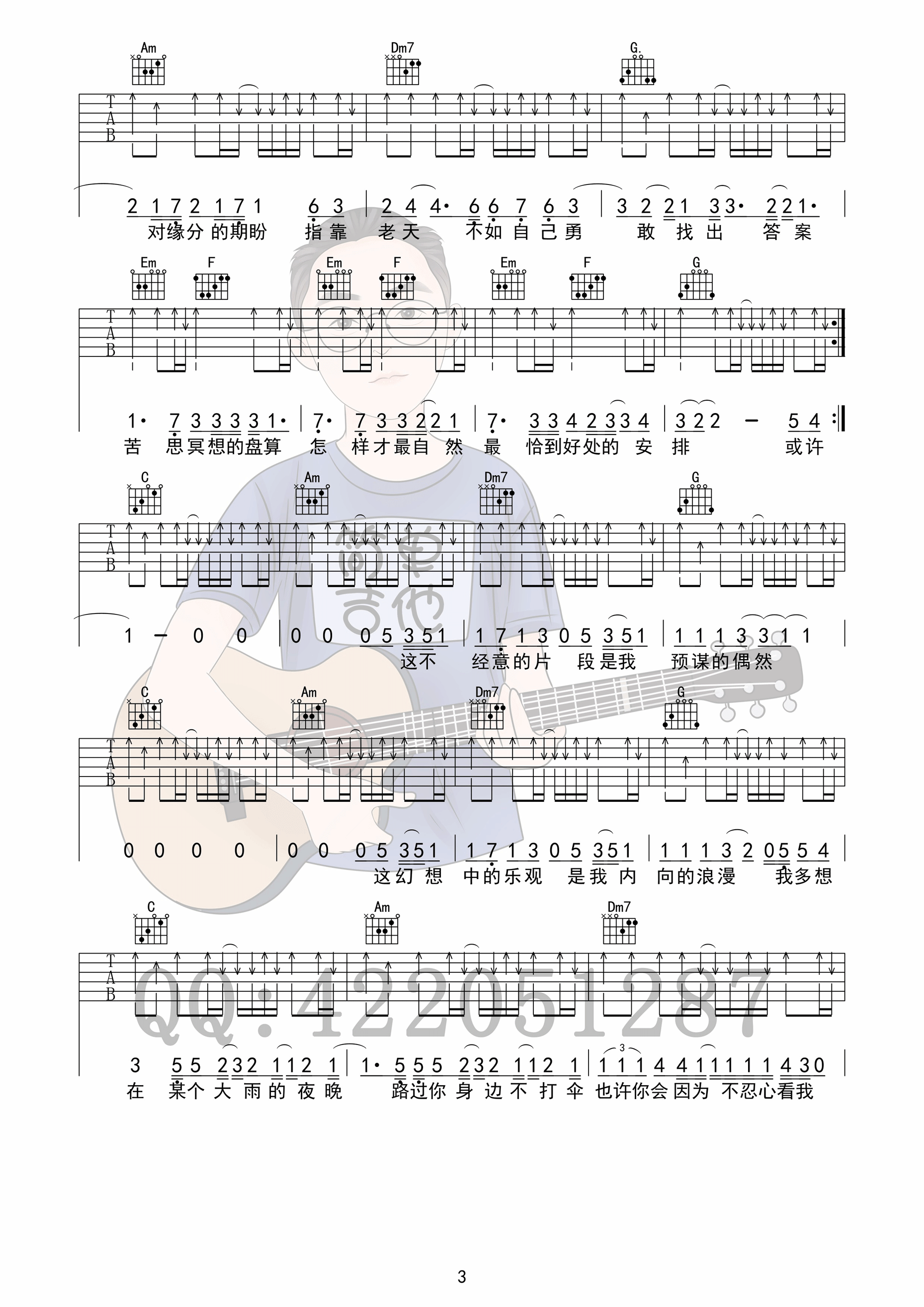 《预谋邂逅》吉他谱六线谱C调 阿肆 简单吉他编配