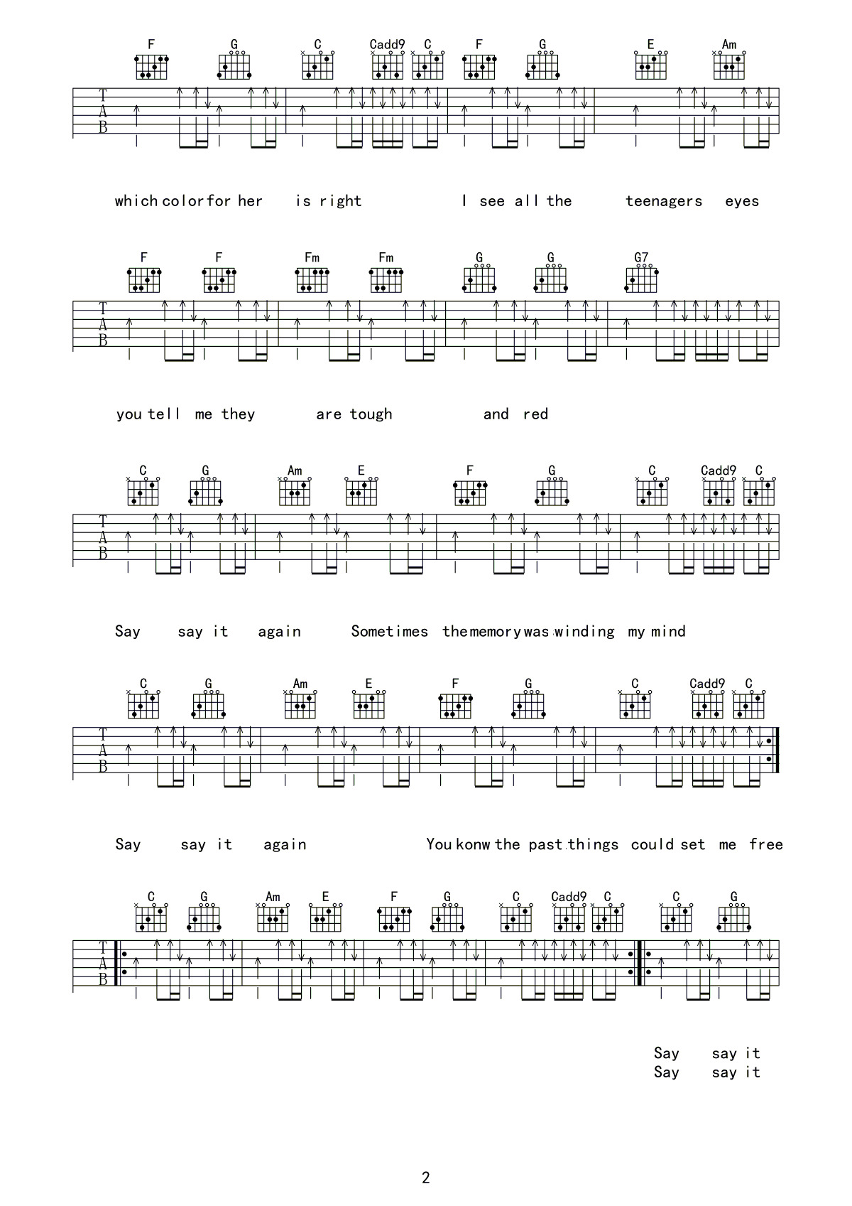 《Say it again》吉他谱六线谱C调 盘尼西林乐队
