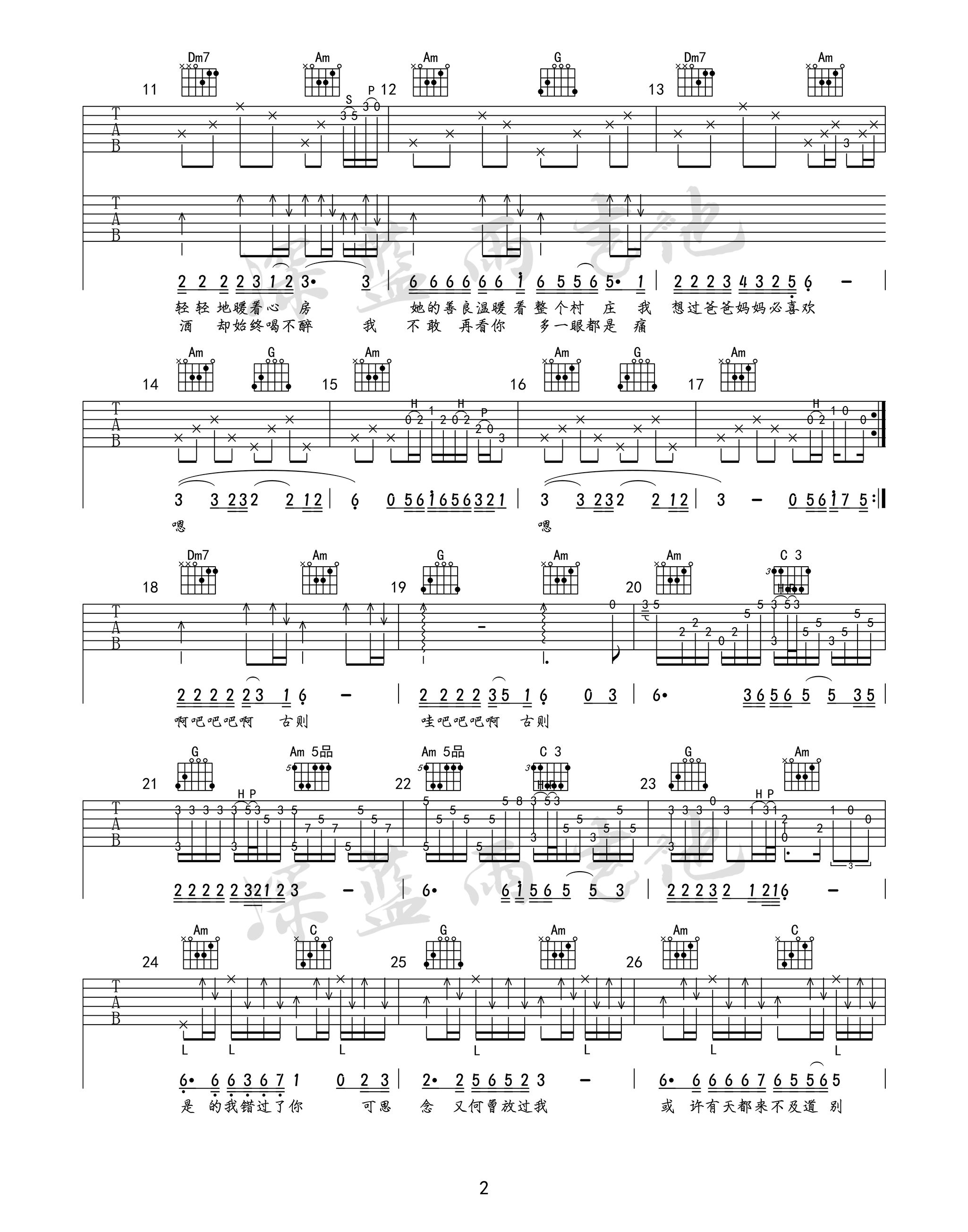 海来阿木《深蓝雨》吉他谱六线谱降E调