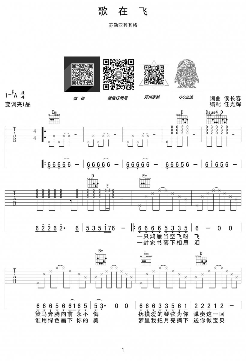 《歌在飞》吉他谱_苏勒亚其其格_六线谱_弹唱谱