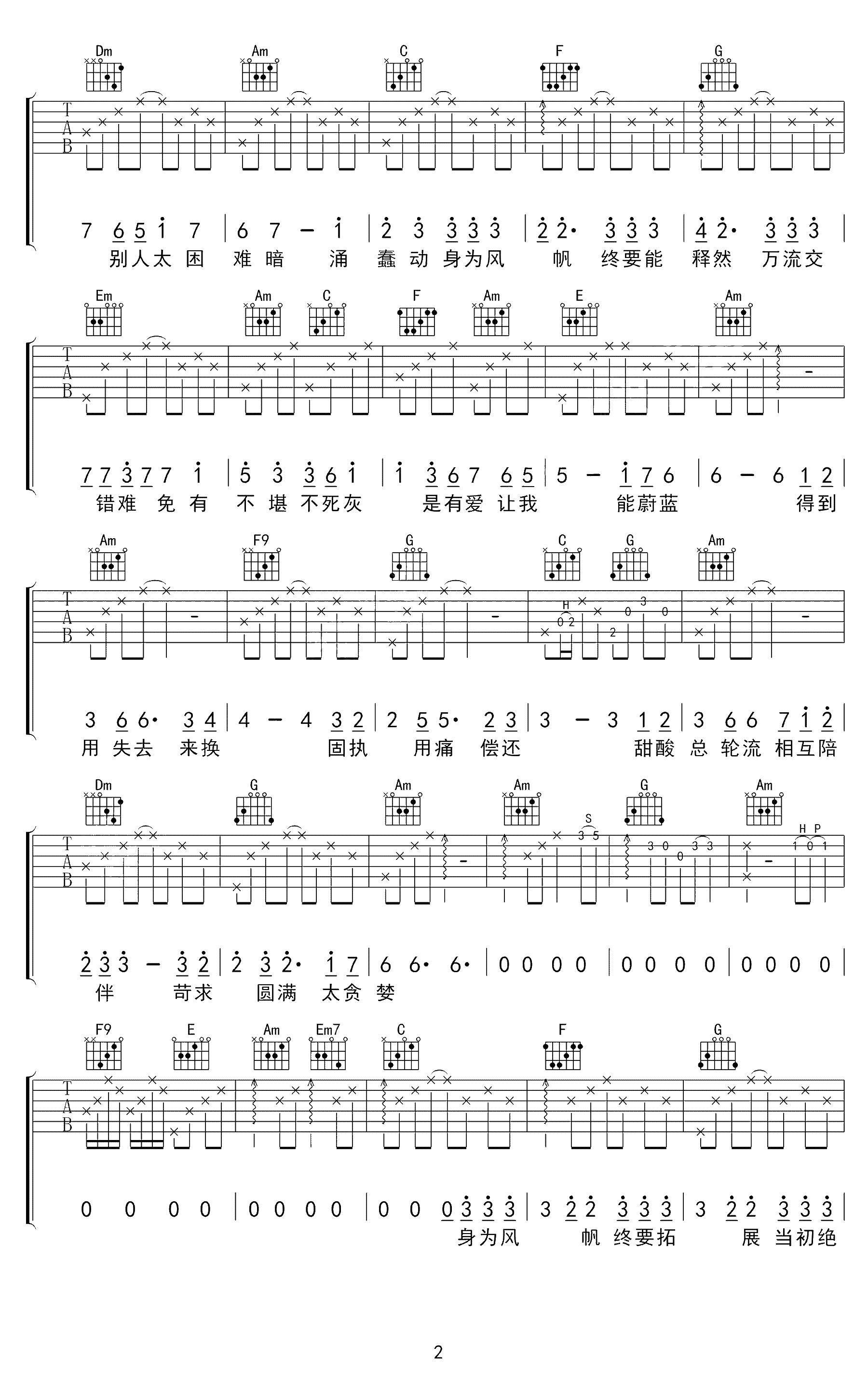 林俊杰《身为风帆》吉他谱_六线谱_弹唱谱_指弹谱_C调