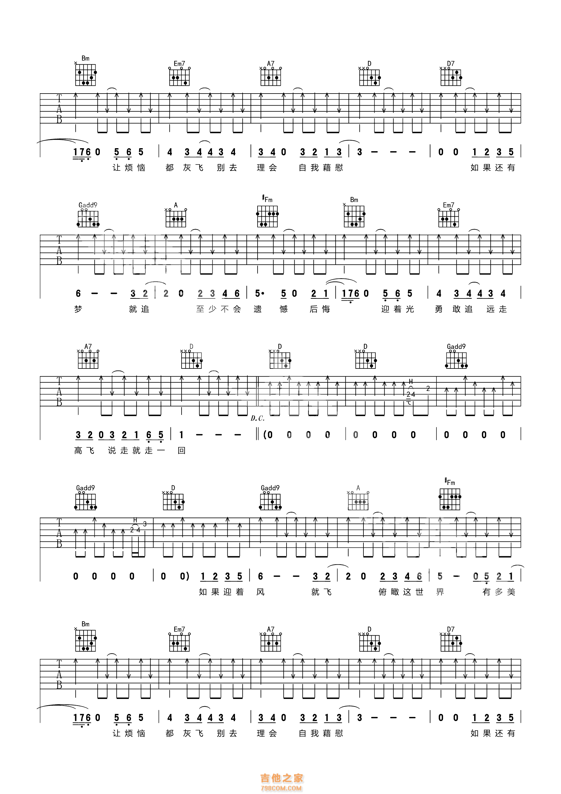 金志文 《远走高飞》吉他谱D调