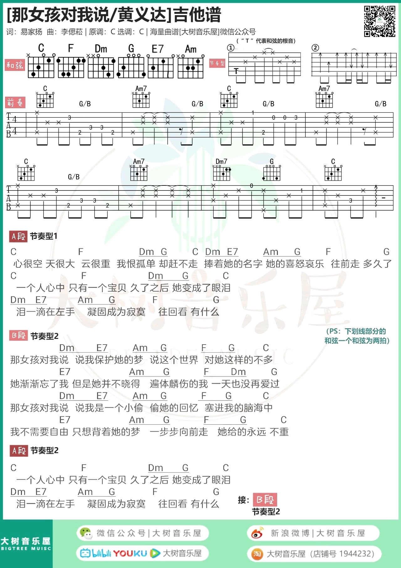 那女孩对我说-吉他谱_黄义达_C调带前奏_弹唱谱