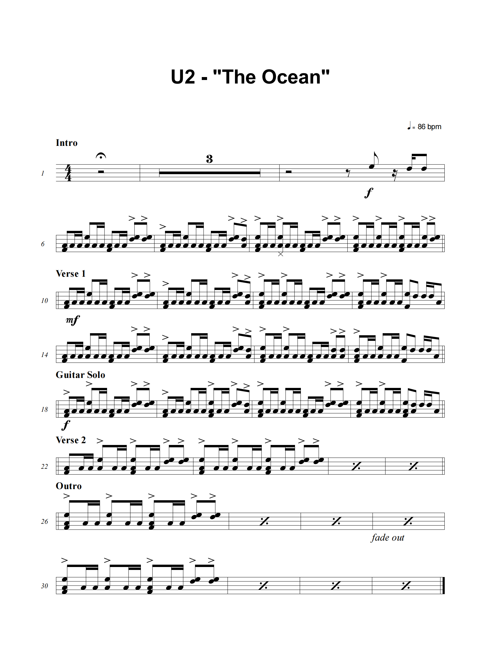 The Ocean鼓谱 U2《The Ocean》架子鼓|爵士鼓|鼓谱