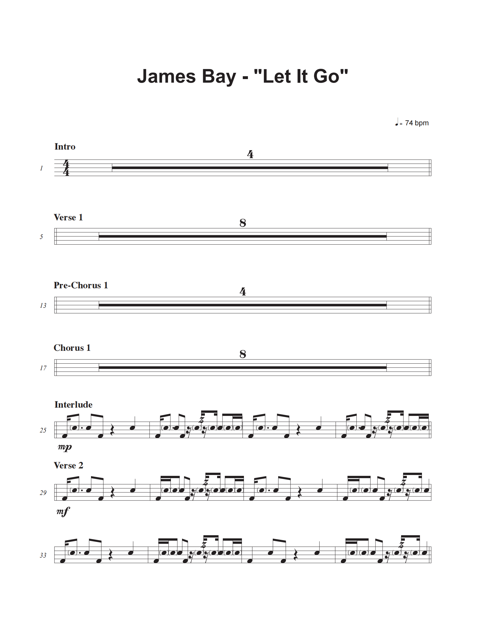 Let It Go鼓谱 James Bay《Let It Go》架子鼓|爵士鼓|鼓谱