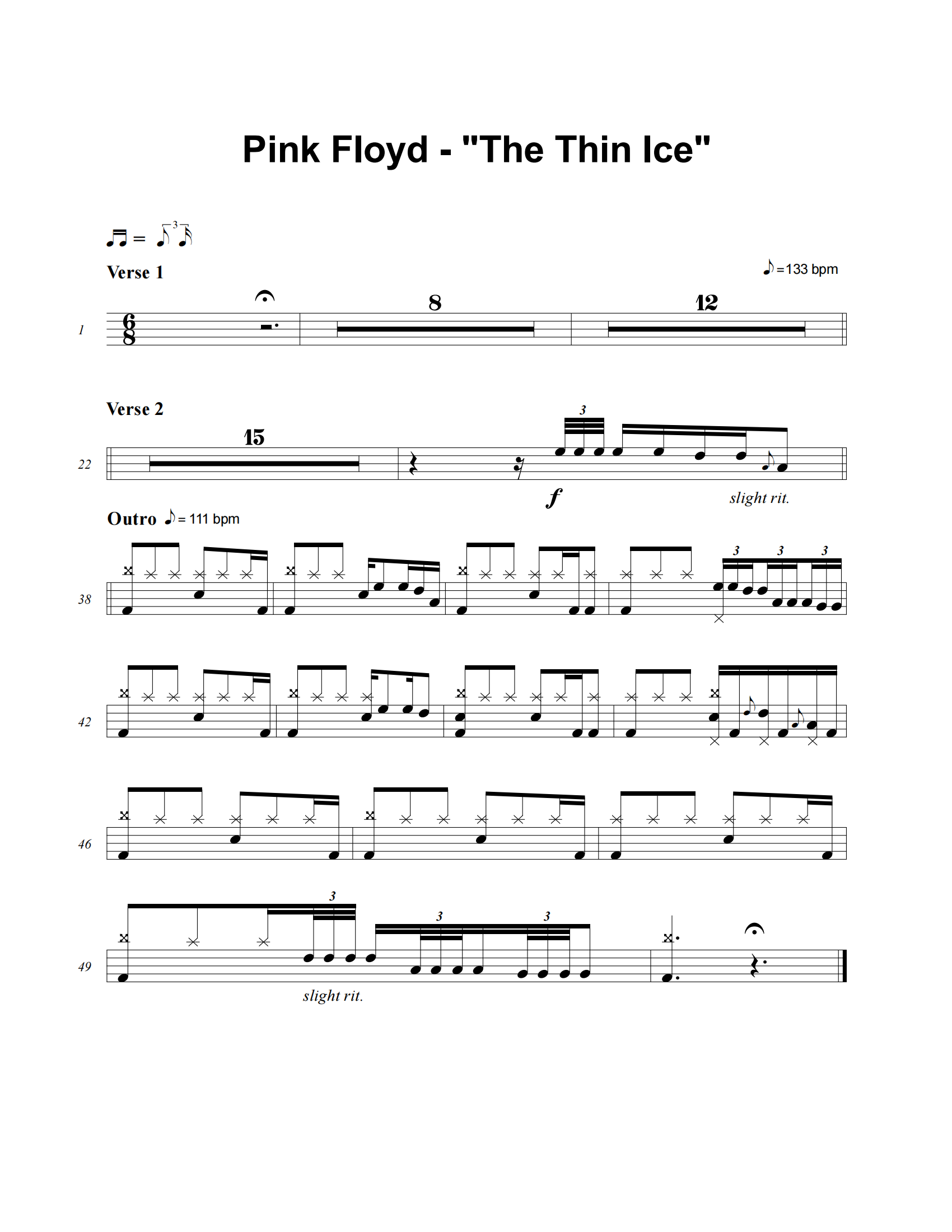 The Thin Ice鼓谱 Pink Floyd《The Thin Ice》架子鼓|爵士鼓|鼓谱