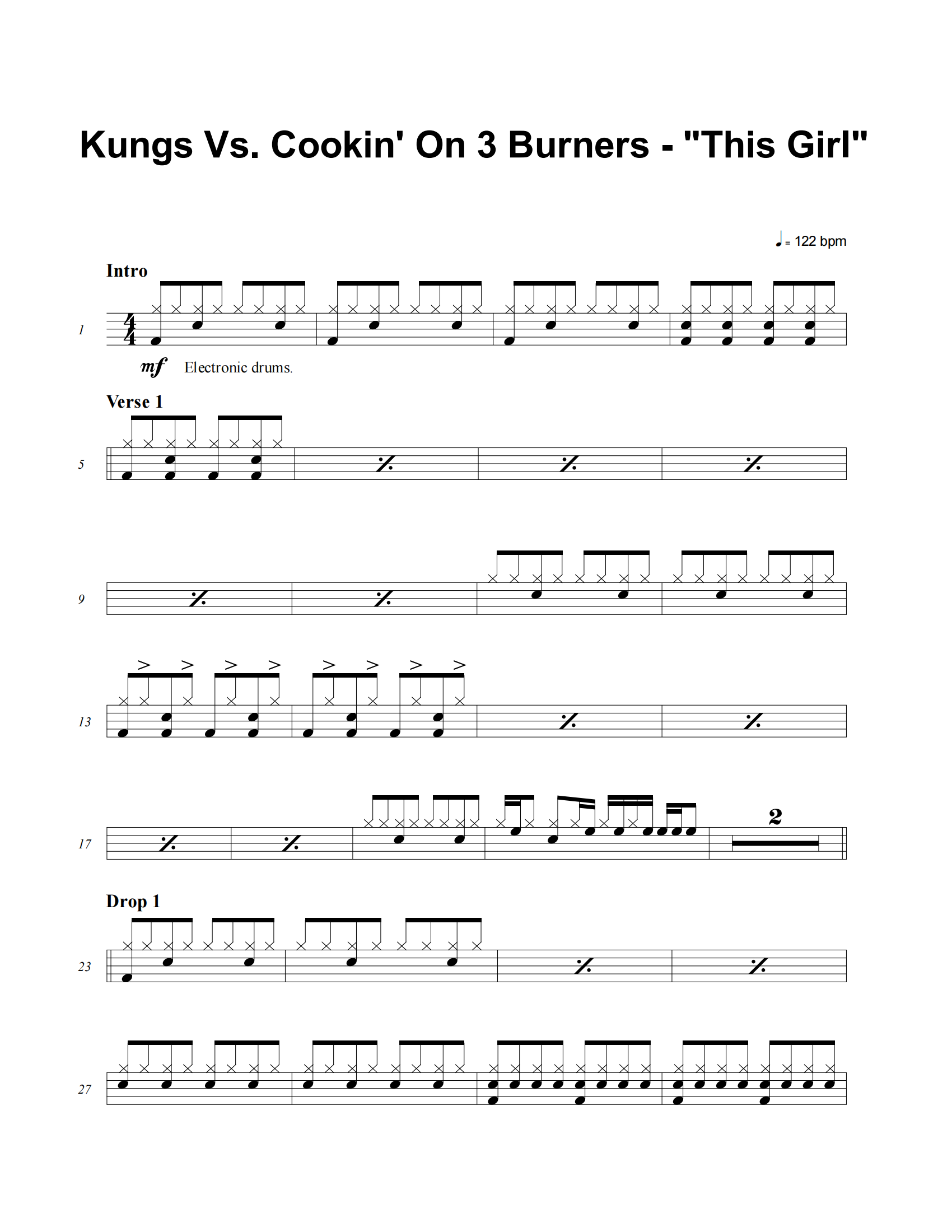 This Girl鼓谱 Kungs Vs. Cookin' On 3 Burners《This Girl》架子鼓|爵士鼓