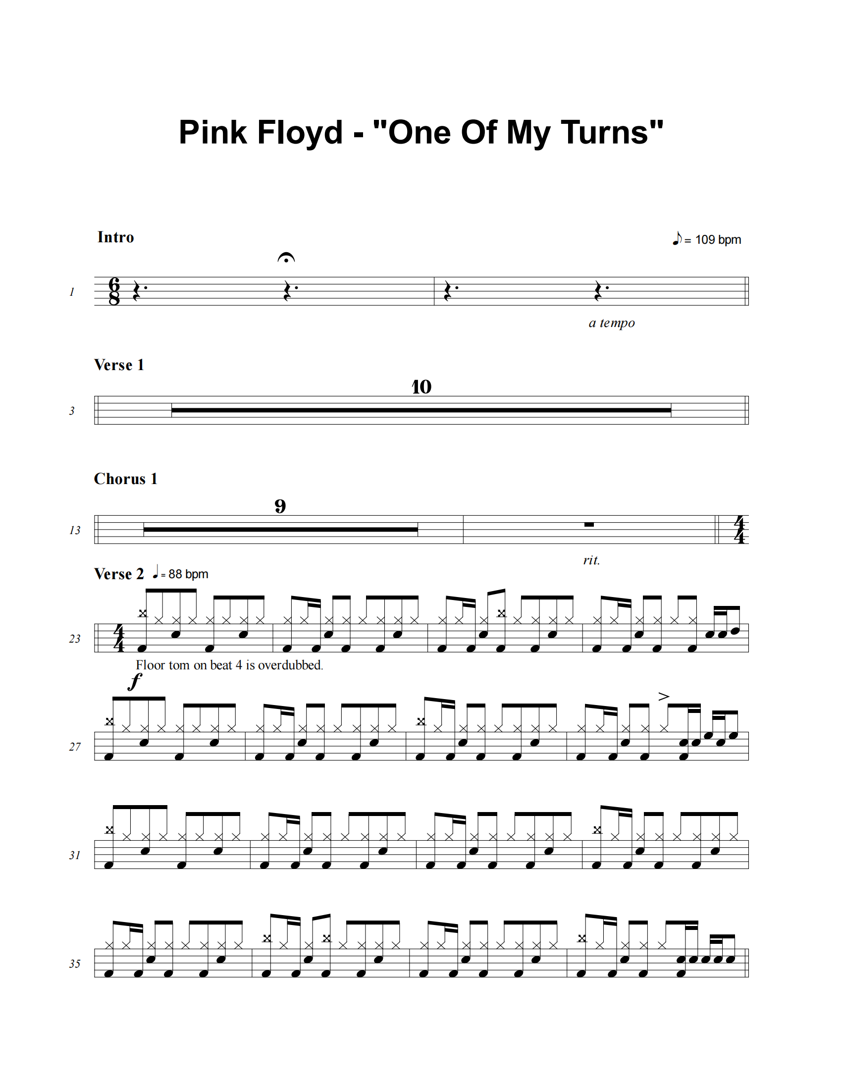 One Of My Turns鼓谱 Pink Floyd《One Of My Turns》架子鼓|爵士鼓|鼓谱