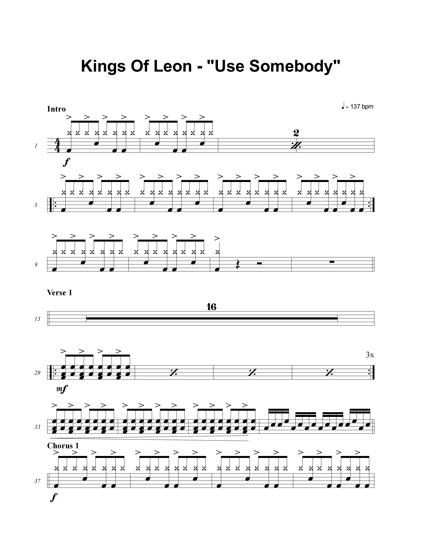 Use Somebody鼓谱 Kings of Leon《Use Somebody》架子鼓|爵士鼓|鼓谱