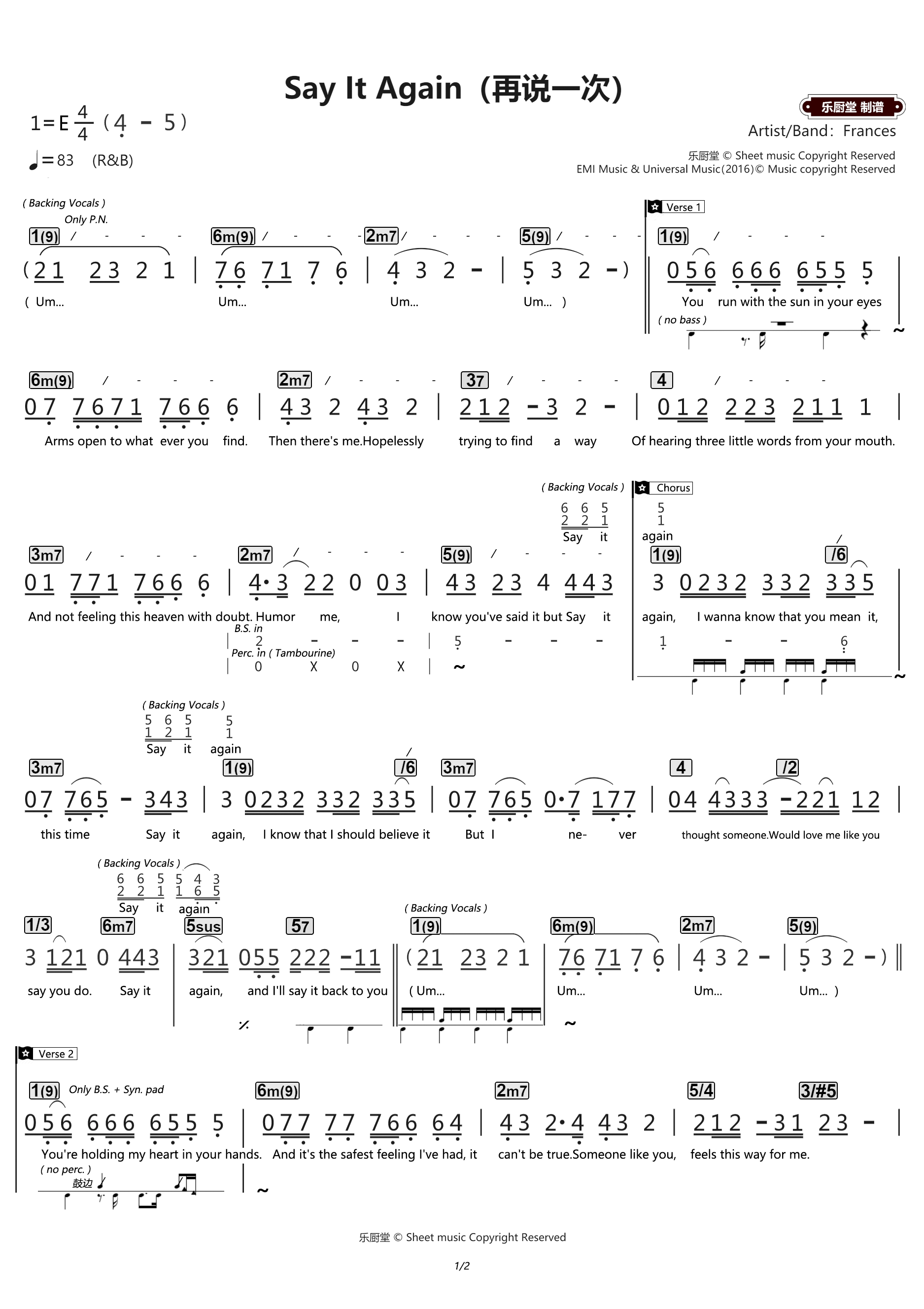 Say it again简谱 Frances《Say it again》简谱E调