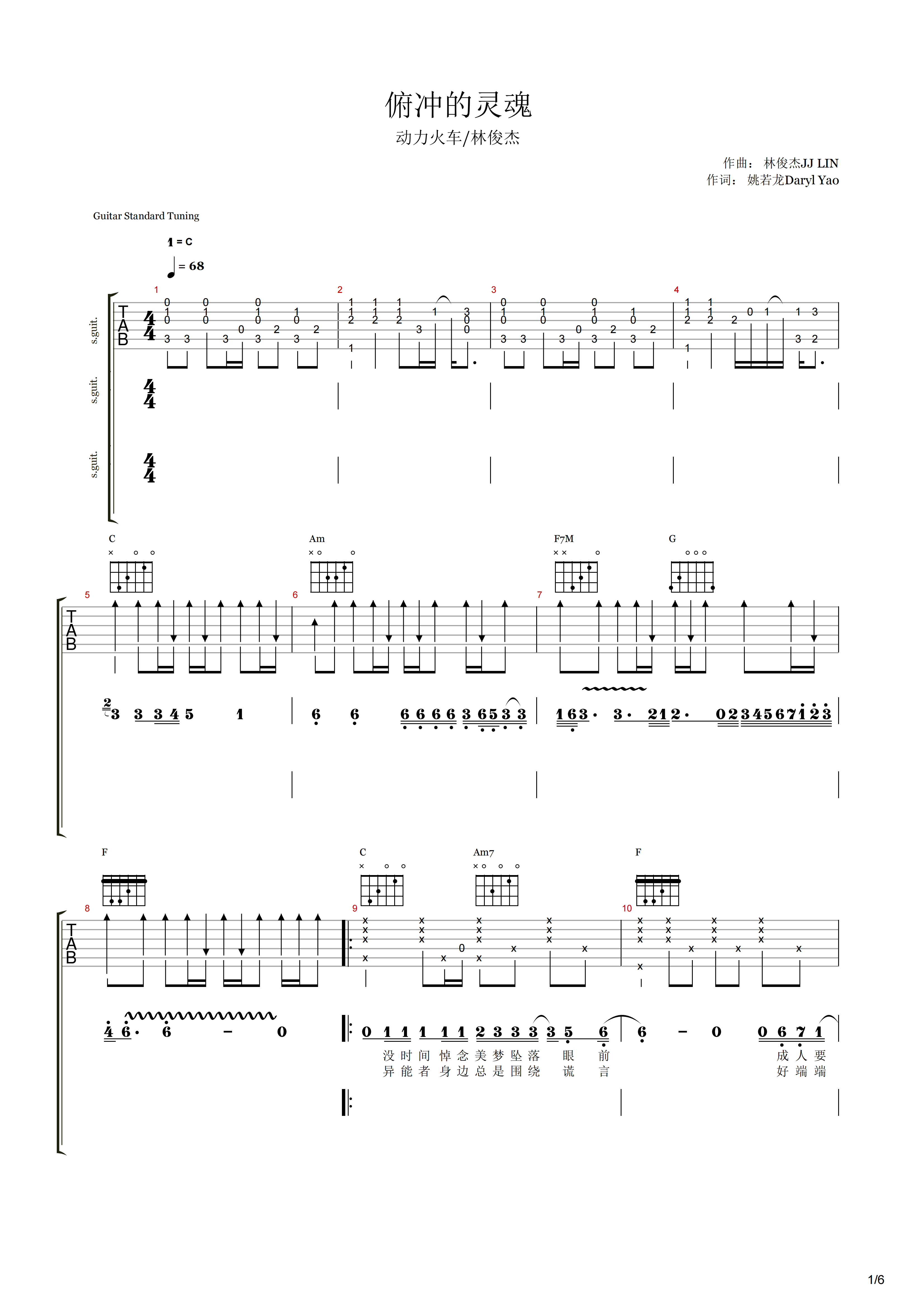 俯冲的灵魂吉他谱 动力火车/林俊杰《俯冲的灵魂》六线谱|吉他谱