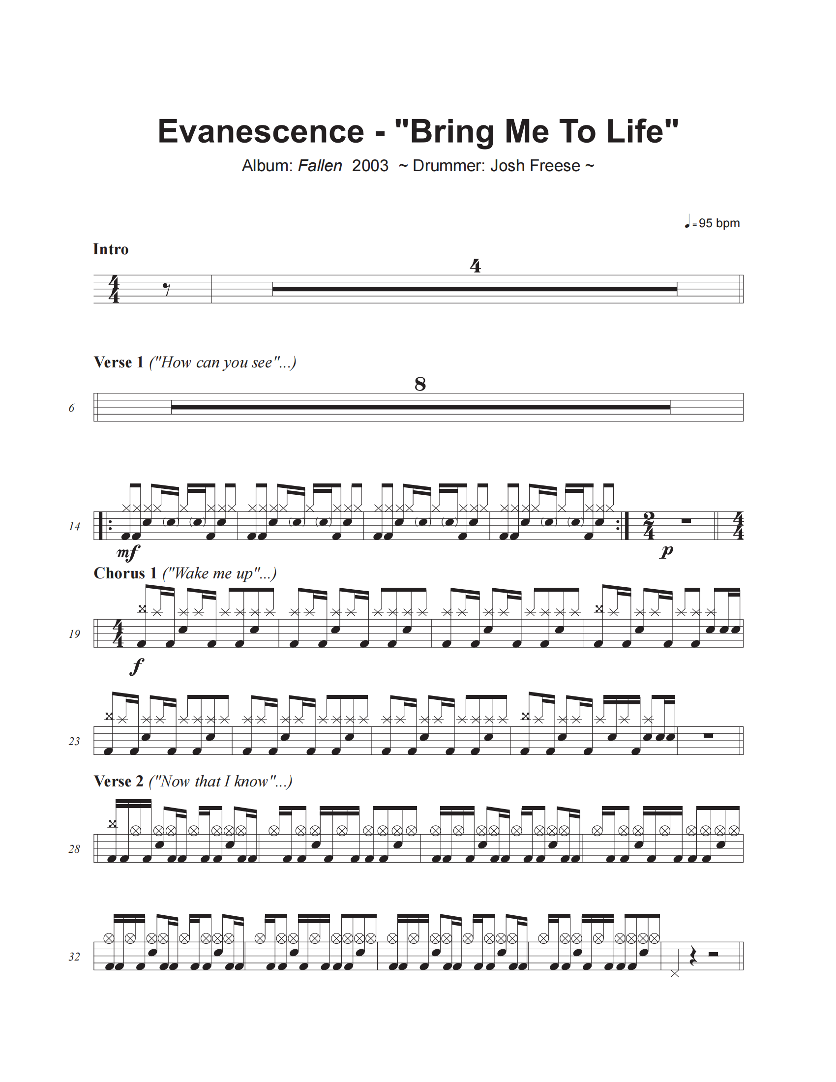 Evanescence-Bring Me To Life爵士鼓谱+动态视频