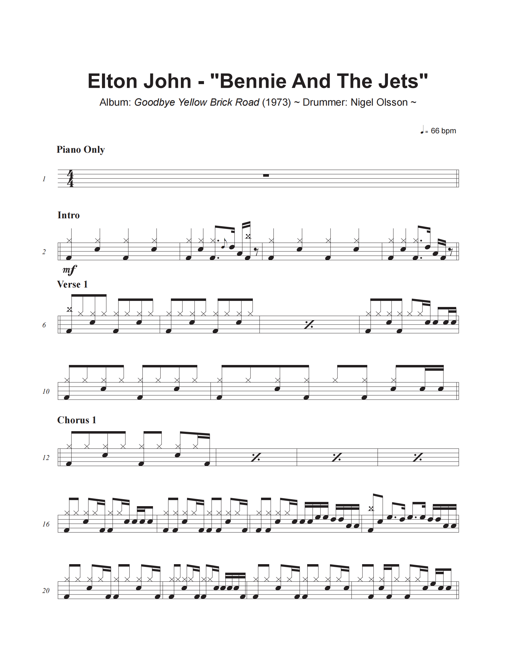 Elton John《Bennie And The Jets》架子鼓|爵士鼓|鼓谱+动态视频