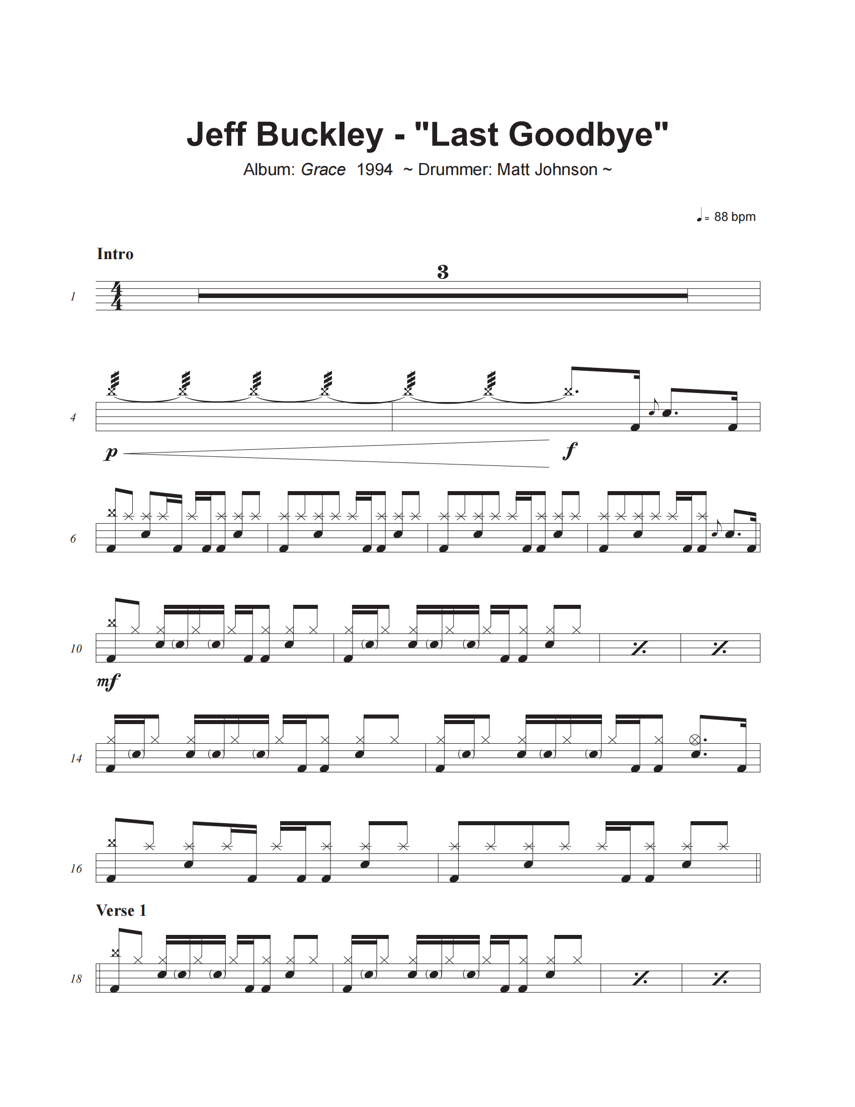 Jeff Buckley《Last Goodbye》架子鼓|爵士鼓|鼓谱+动态视频