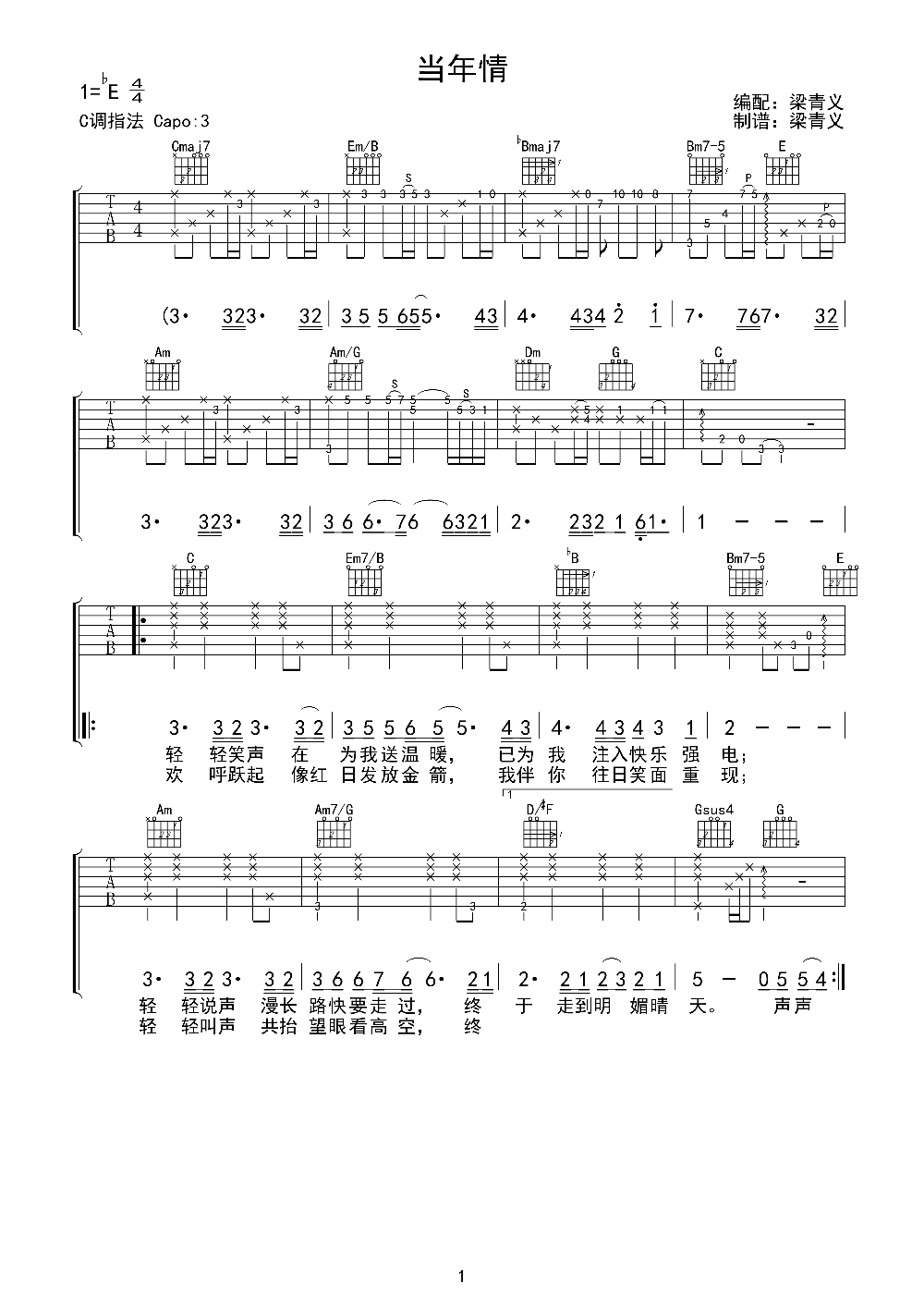 《当年情》吉他谱六线谱-张国荣