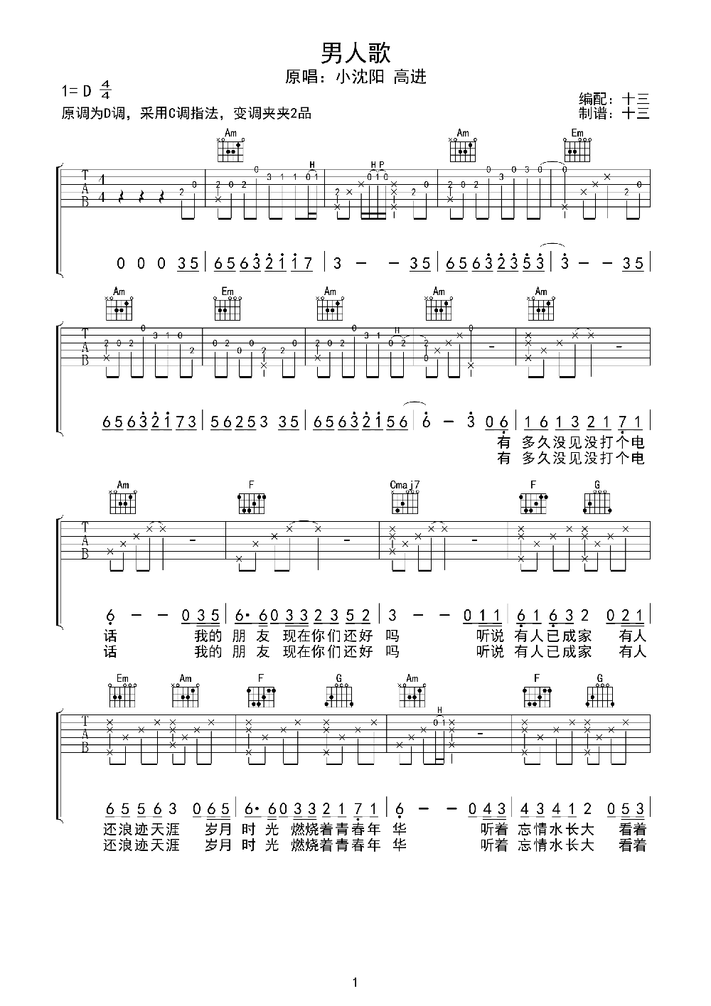 《男人歌》吉他谱六线谱-小沈阳/高进