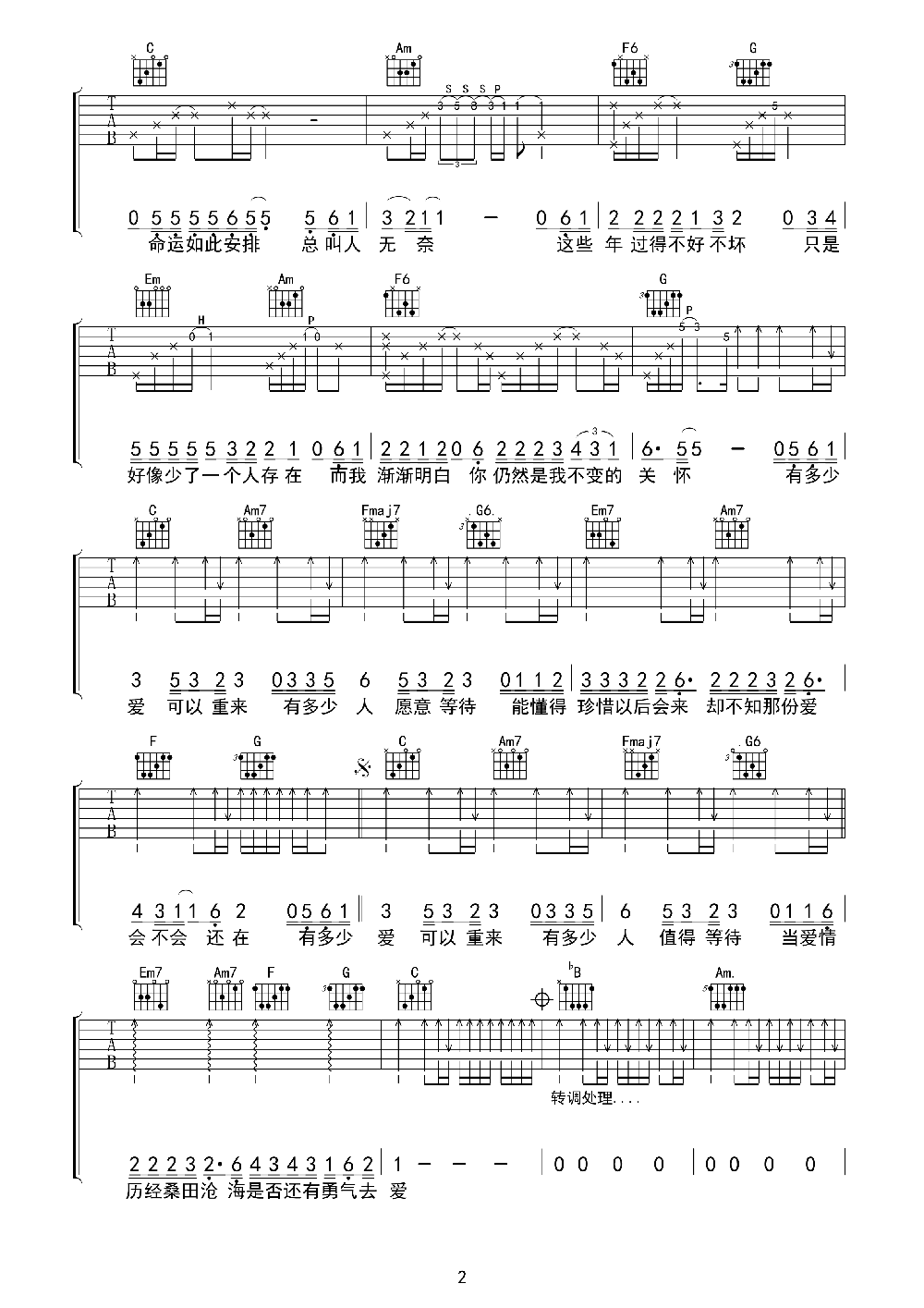 《有多少爱可以重来》吉他谱六线谱C调-迪克牛仔
