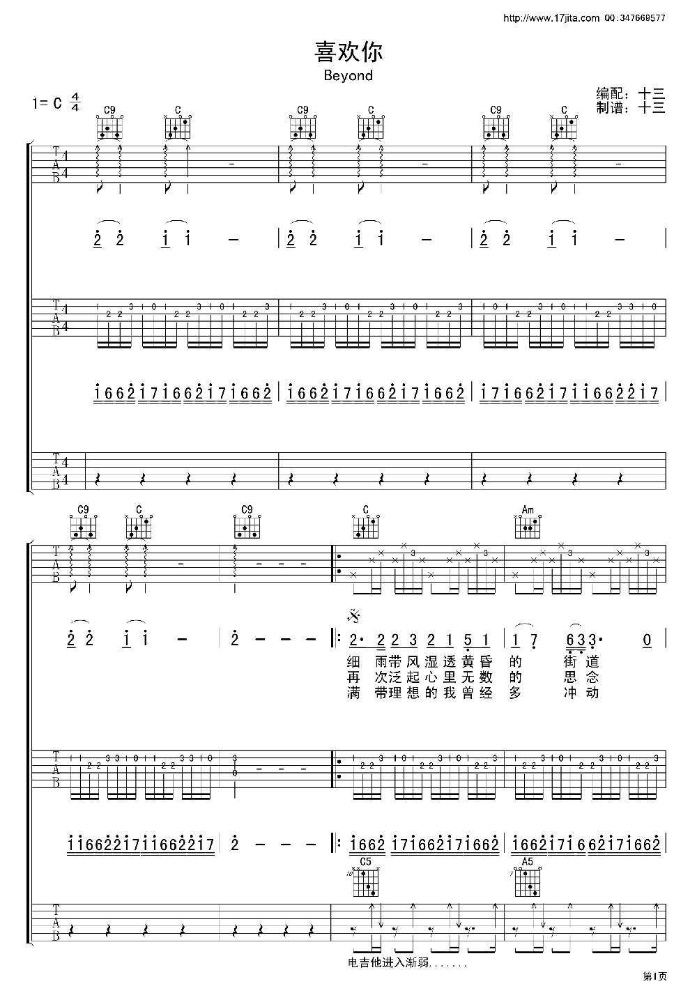 《喜欢你》吉他谱六线谱双吉他弹唱-beyond乐队