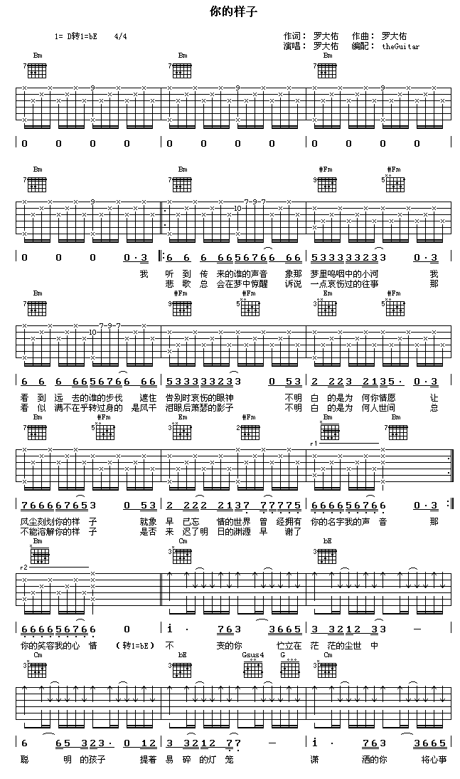 《你的样子》吉他谱六线谱-罗大佑