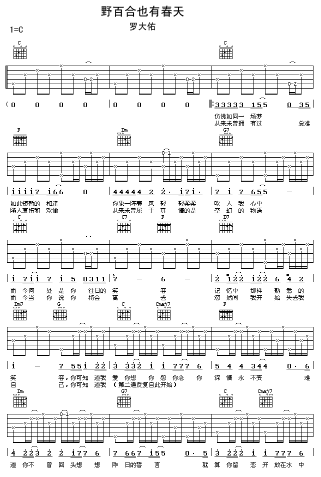 《野百合也有春天》吉他谱六线谱C调-罗大佑