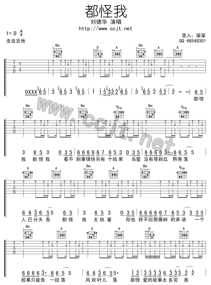 《都怪我》吉他谱六线谱D调-刘德华