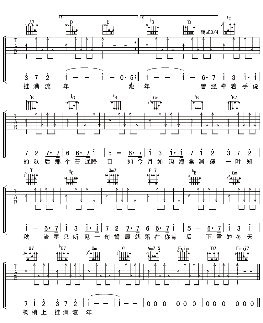 《一叶知秋》吉他谱六线谱D调-陈楚生