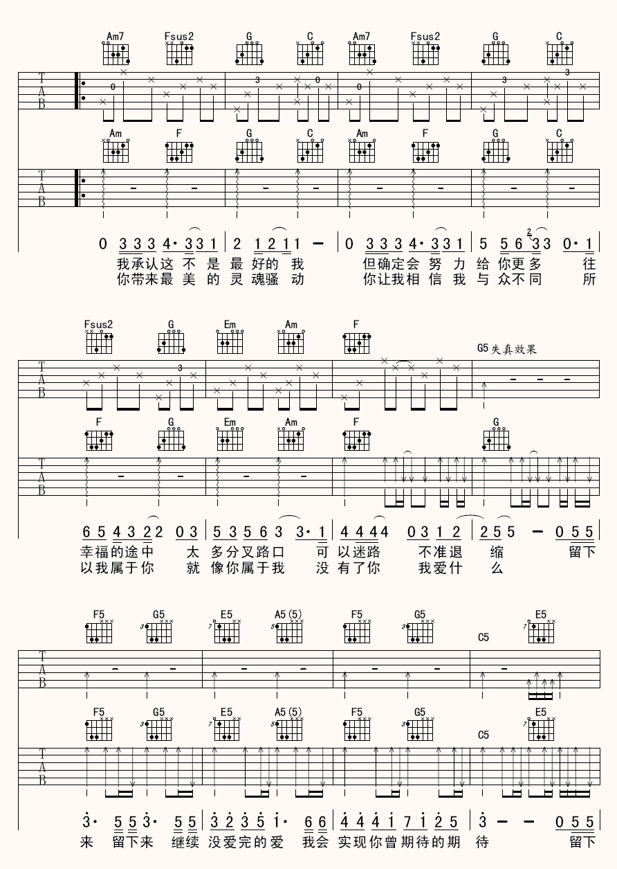 《留下来》吉他谱六线谱双吉他弹奏版-飞轮海