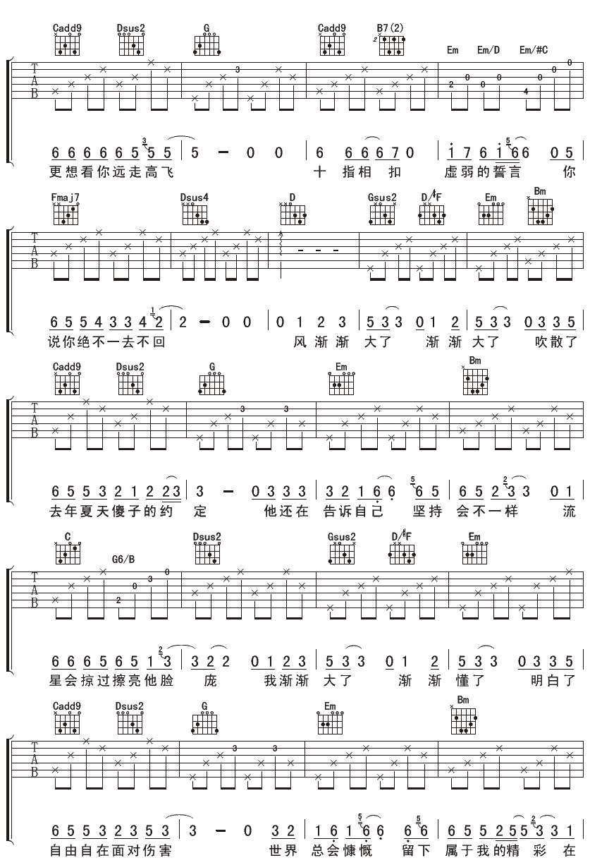 《傻子的约定》吉他谱六线谱G调-迪克牛仔