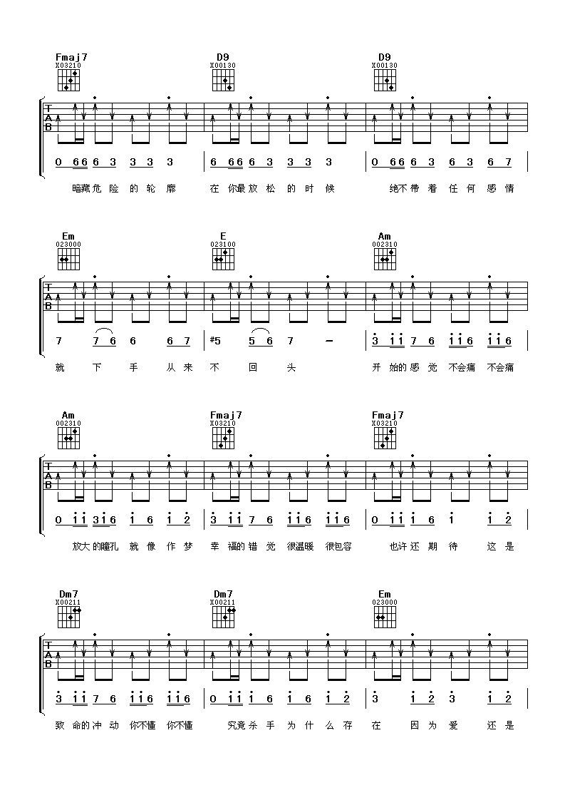 《杀手》吉他谱六线谱C调-林俊杰