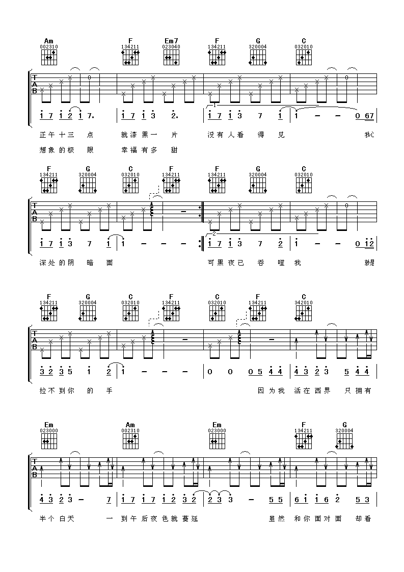 《西界》吉他谱六线谱C调-林俊杰