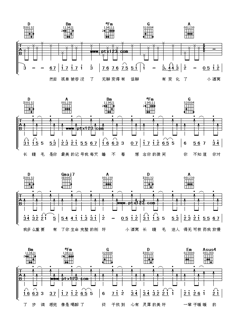 《小酒窝》吉他谱六线谱D调-林俊杰/蔡卓妍