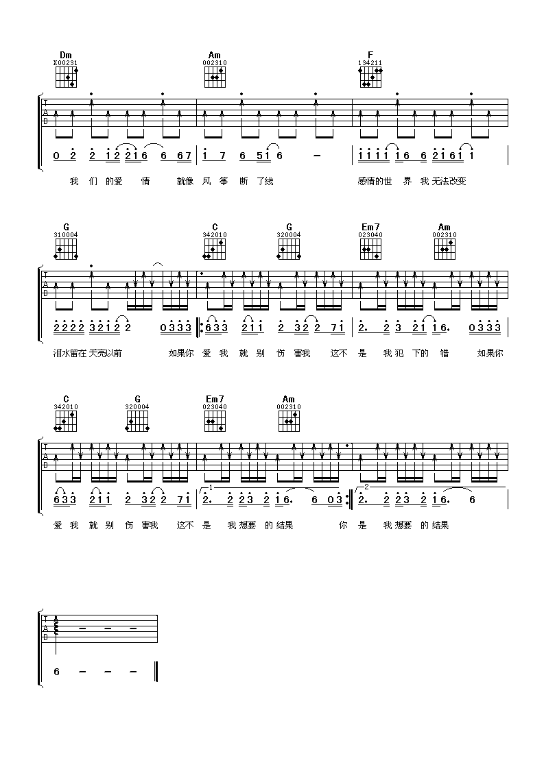 《爱我就别伤害我》吉他谱六线谱C调-刘嘉亮