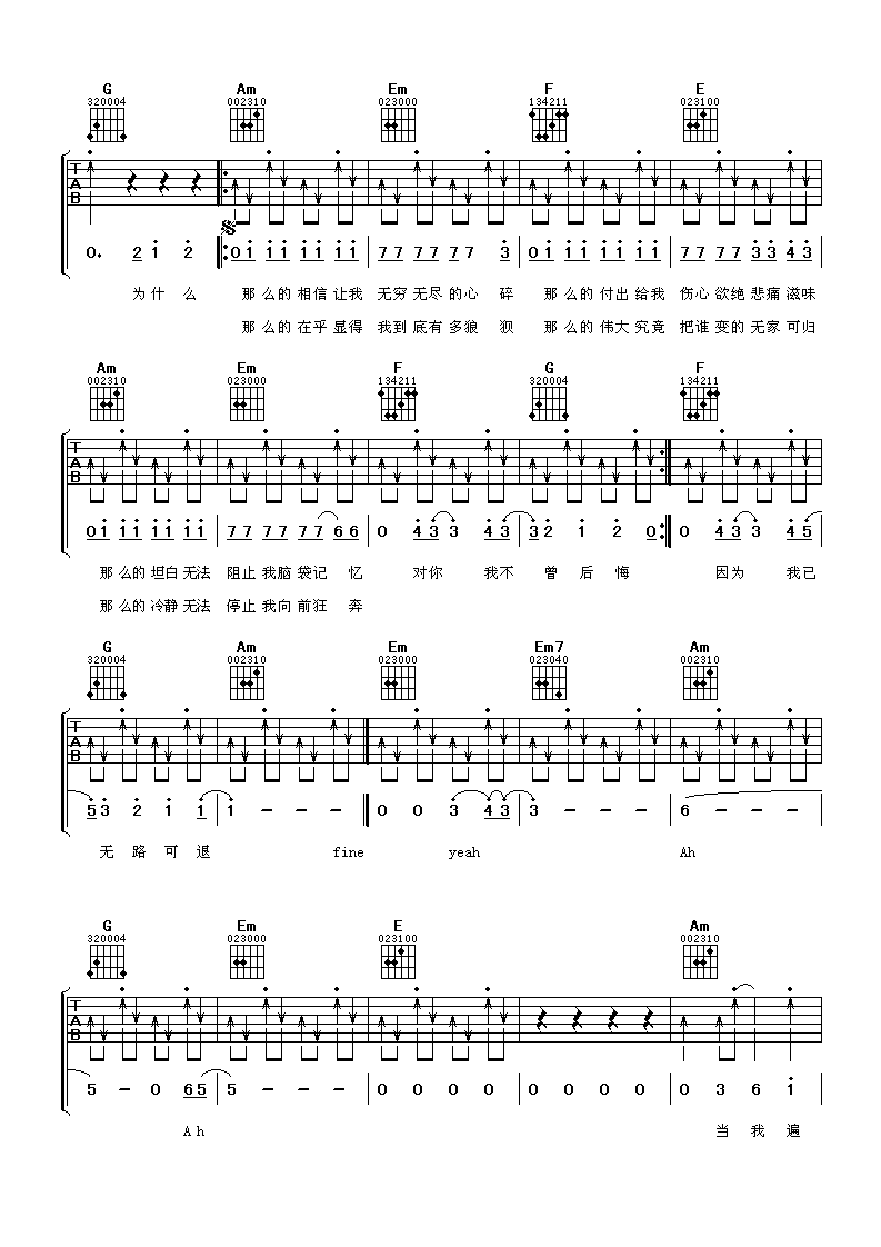 《投名状》吉他谱六线谱C调--刘德华