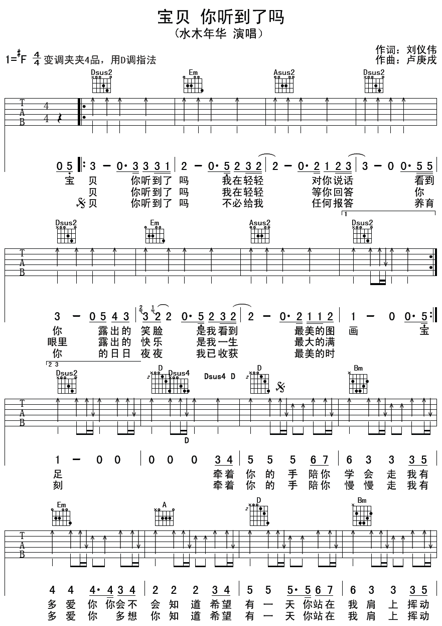 宝贝你听到了吗吉他谱 六线谱 水木年华