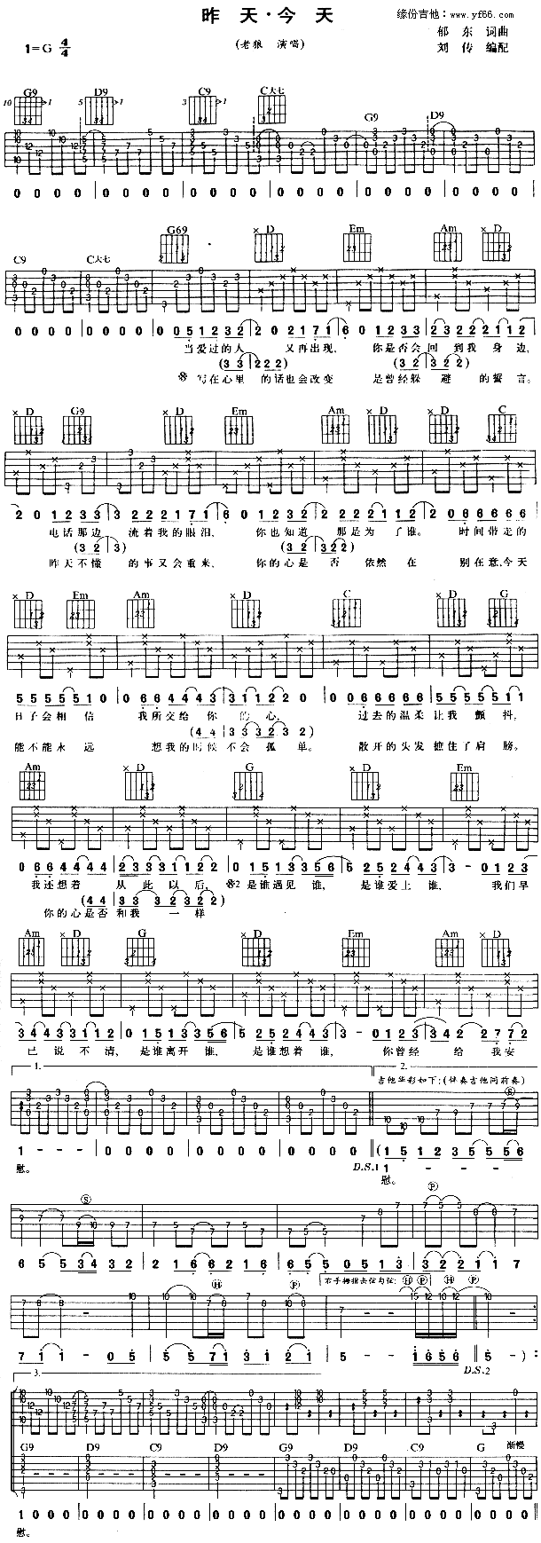 《昨天今天》吉他谱六线谱_G调_老狼