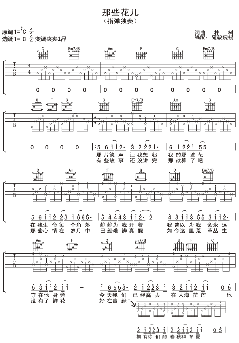 《那些花儿》吉他谱六线谱 C调版 朴树