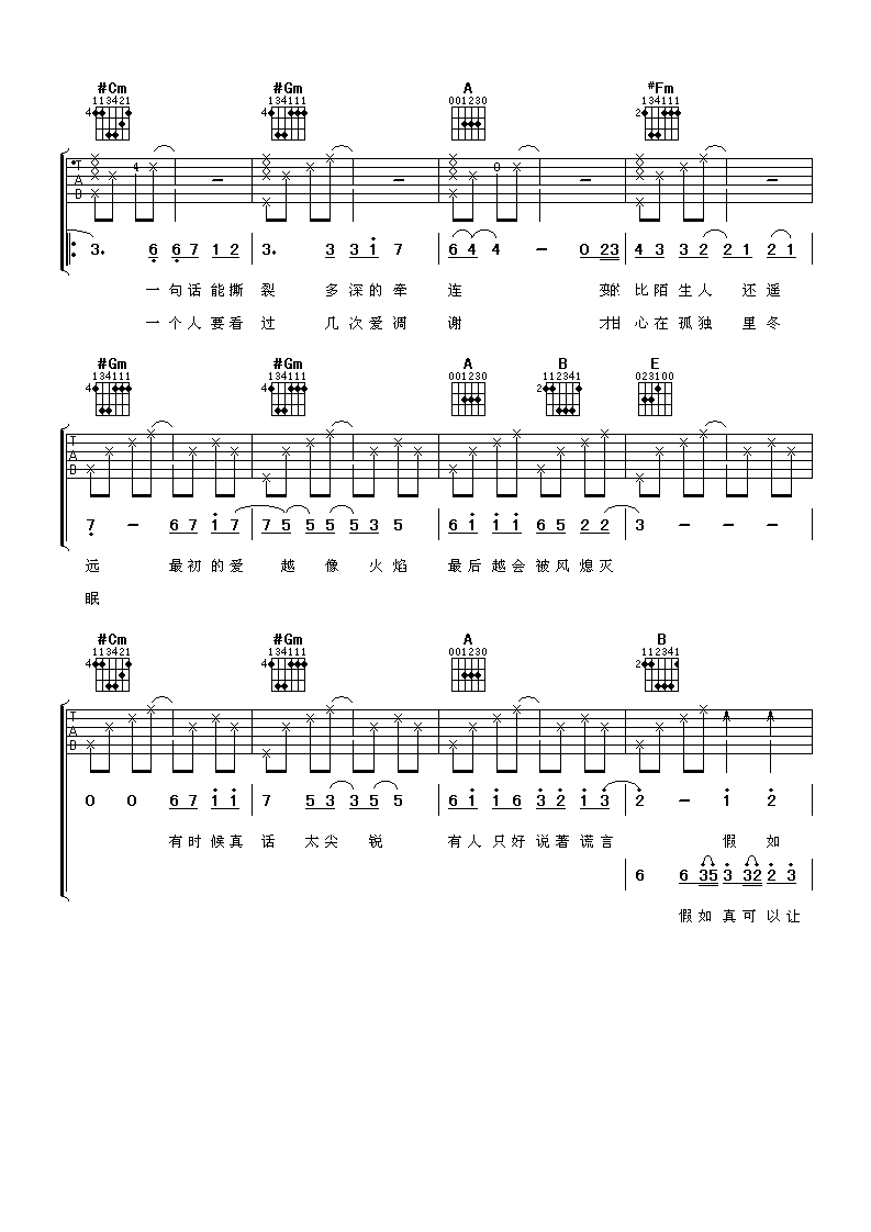 《假如》吉他谱六线谱C调_信乐团