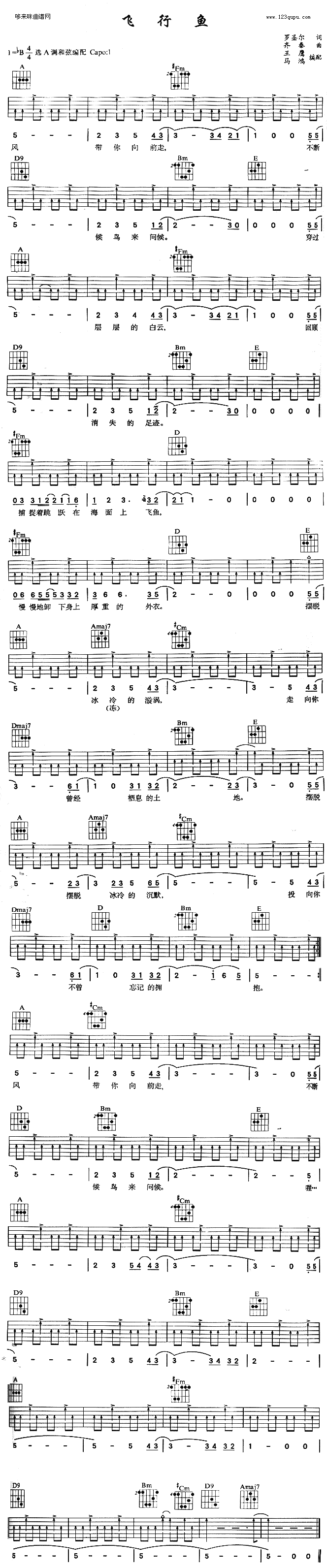 《飞行鱼》吉他谱六线谱A调_齐秦