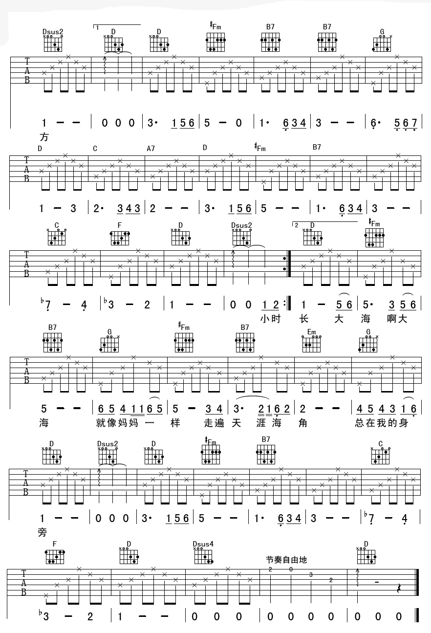 《大海啊故乡》吉他谱六线谱_D调_钟立风