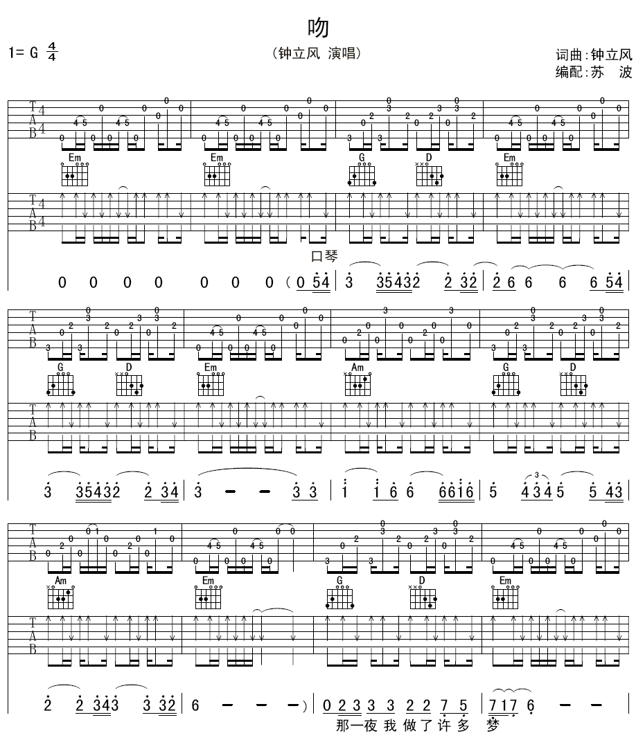 《吻》吉他谱六线谱_D调_钟立风