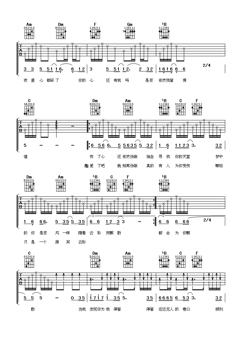 《为爱停留》吉他谱六线谱_F调_郑源