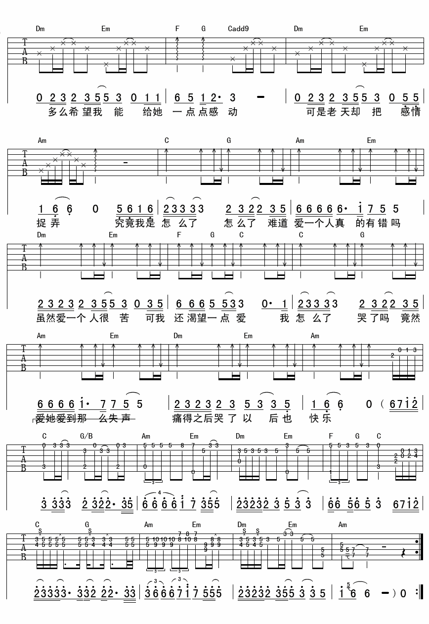 《难道爱一个人有错吗》吉他谱六线谱_F调_郑源
